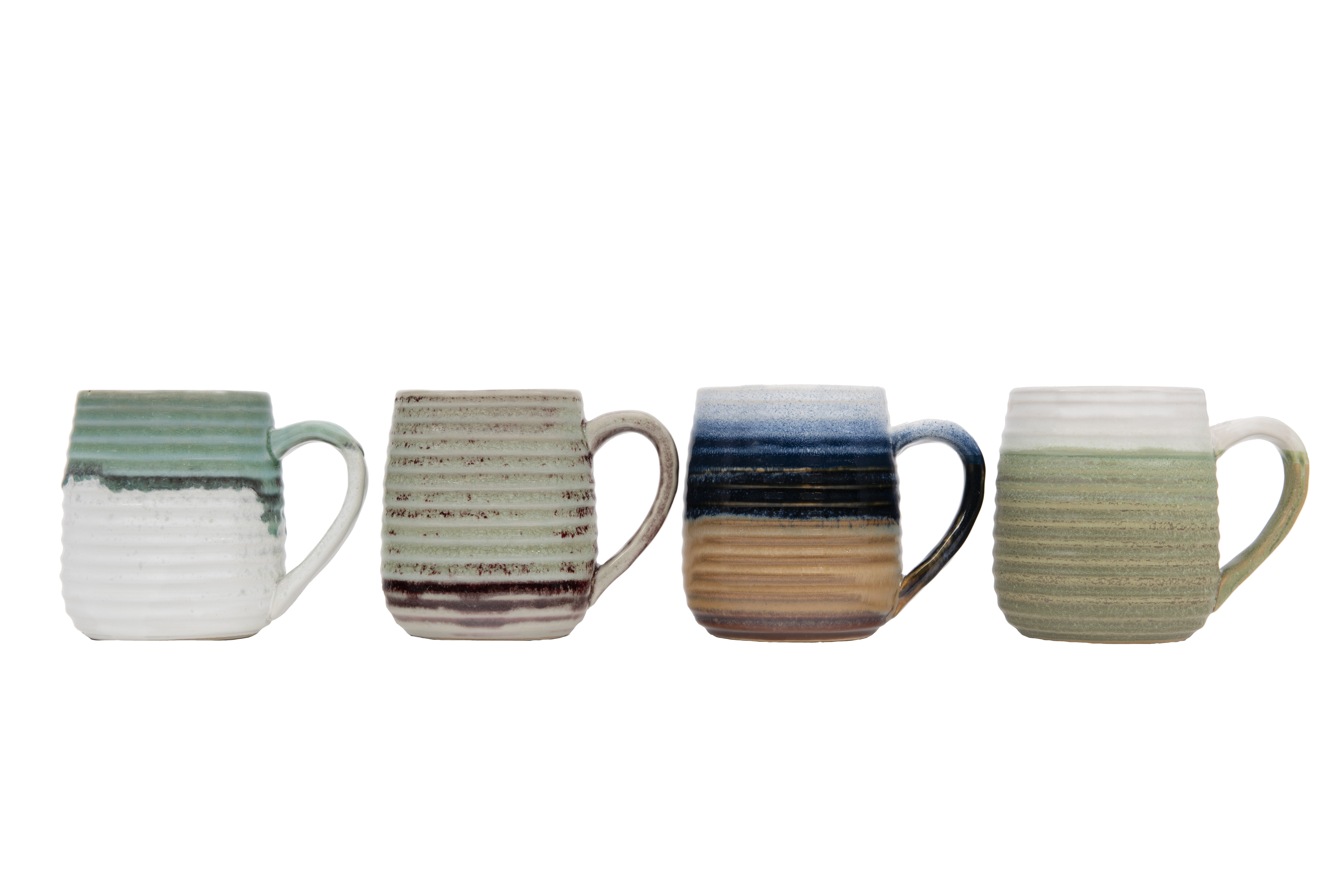 Large Multicolor Ceramic Ribbed Mugs Set of 4