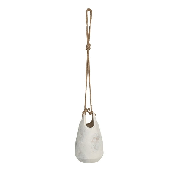 Creative Co-Op Large Stoneware Hanging Planter with Jute Rope Hanger and Distressed Volcano Finish, White