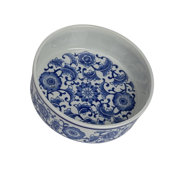 Creative Co-Op Large Stoneware Pet Bowl with Design, Blue and White