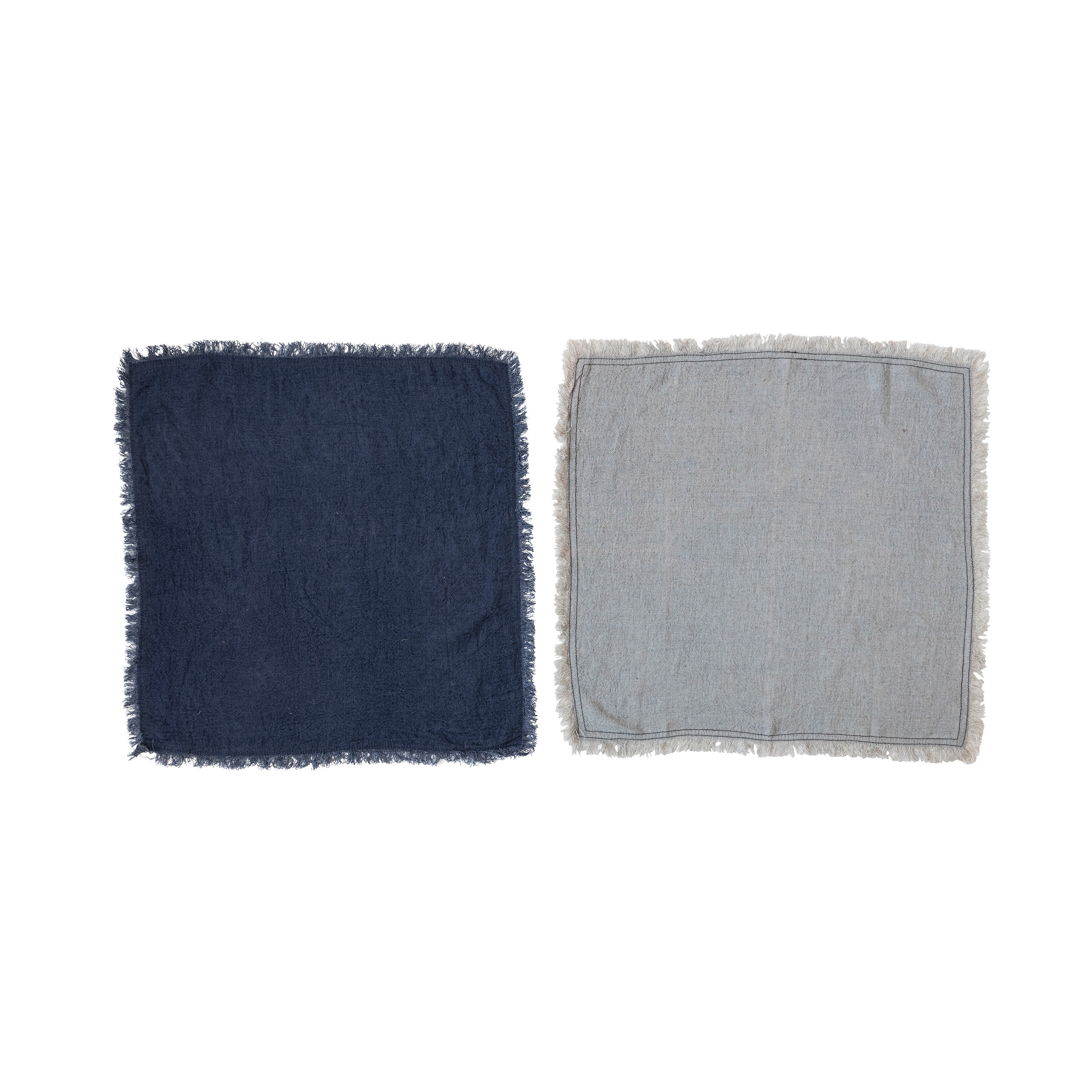 Navy and Light Blue Linen Blend Fringed Napkins, 18x18 Set