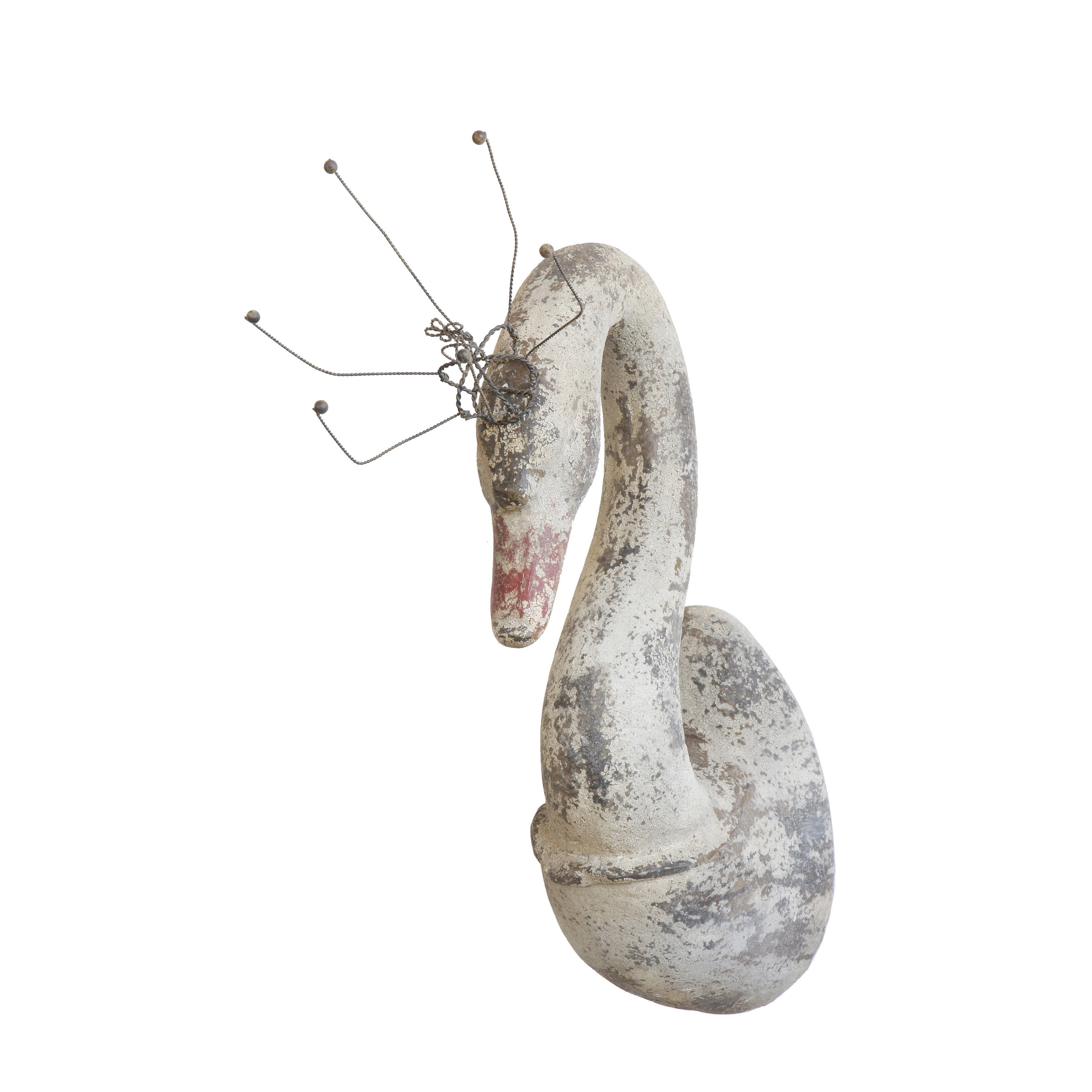 Distressed Magnesia Swan Sculpture with Wire Crown