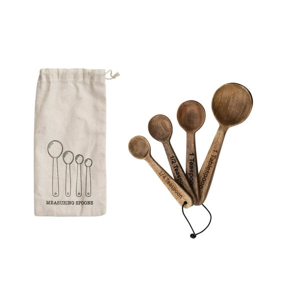 Creative Co-Op Mango Wood Measuring Spoons, Set of 4 in Printed Drawstring Bag