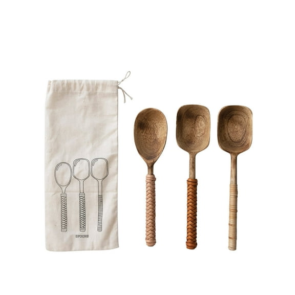 Creative Co-Op Mango Wood Spoons with Bamboo and Leather Wrapped Handles, Set of 3 in Printed Drawstring Bag