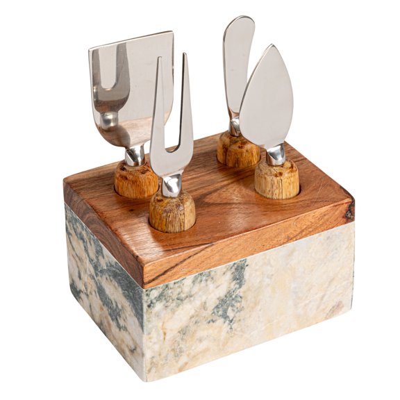 Creative Co-Op Marble Cheese Server Set with Mango Wood Stand, Black, Set of 4
