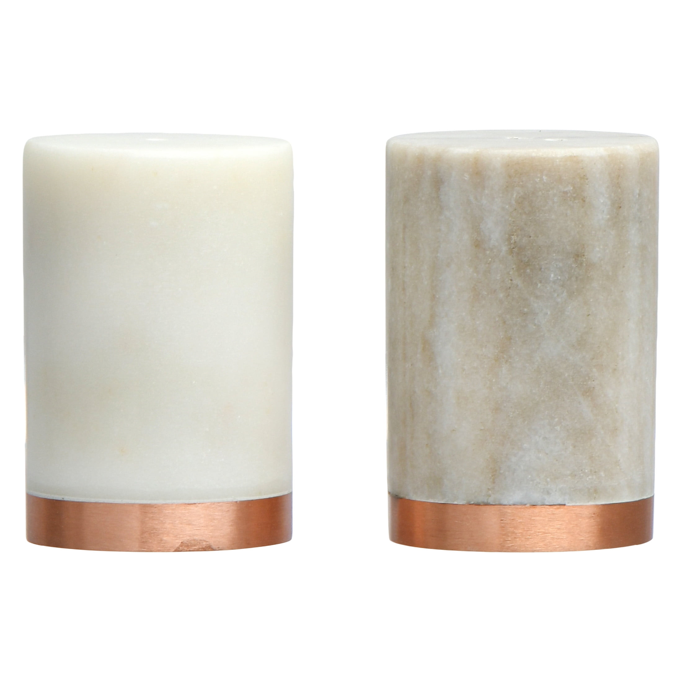 White and Beige Marble Salt and Pepper Shaker Set with Copper Base