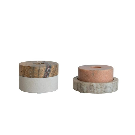 Creative Co-Op Marble Tealight and Taper Candle Holders with Base, Natural, Set of 2