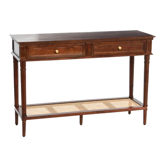 Creative Co-Op Maxwelton Solid Wood Console Table with 2 Drawers and Woven Cane Storage Shelf, Dark Chestnut and Natural