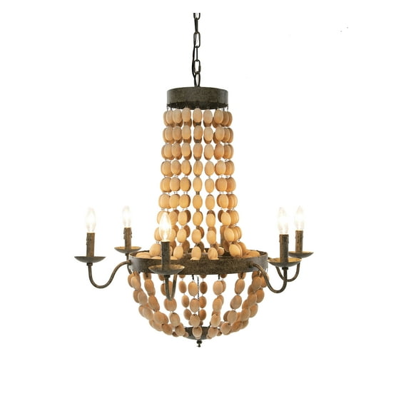 Creative Co-Op Rustic Metal and Draped Wood Bead Chandelier, Brown
