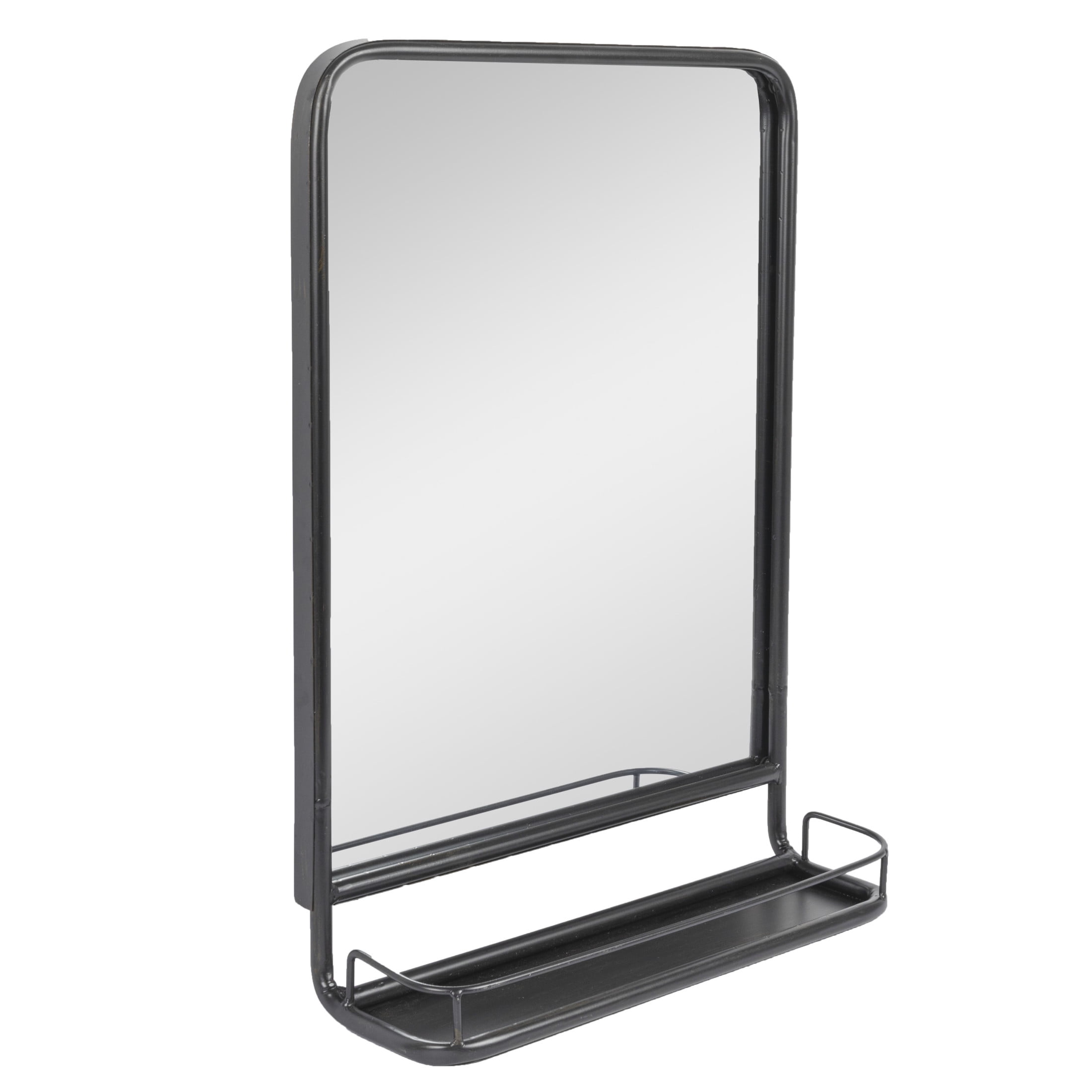 Elegant Industrial Silver Metal Wall Mirror with Shelf, 32" x 23.2"