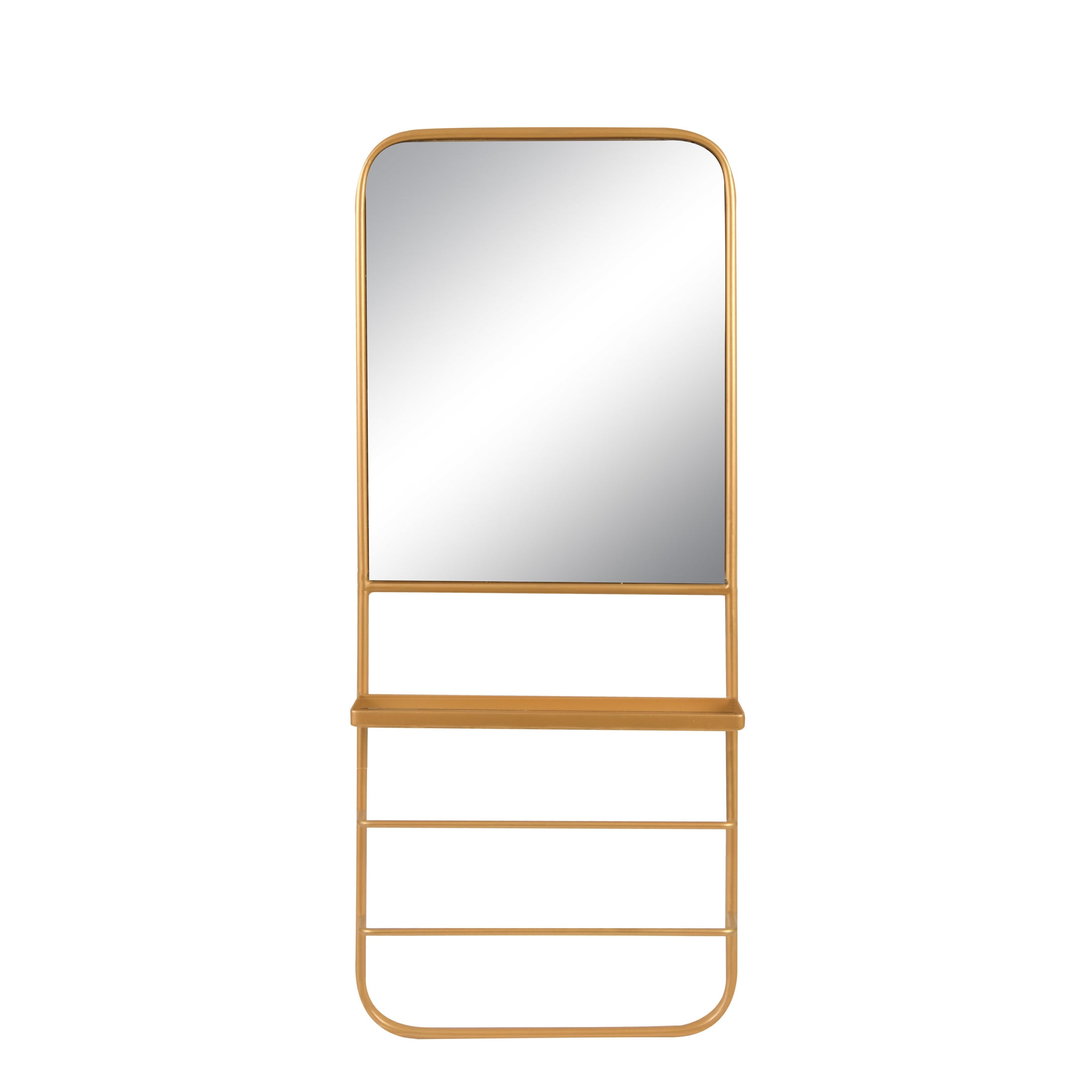 Rectangular Gold Metal Wall Mirror with Shelf
