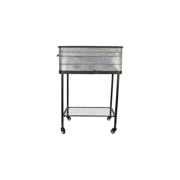 Creative Co-Op Metal Planter Tub on Stand with Rolling Wheels, Galvanized Silver and Black