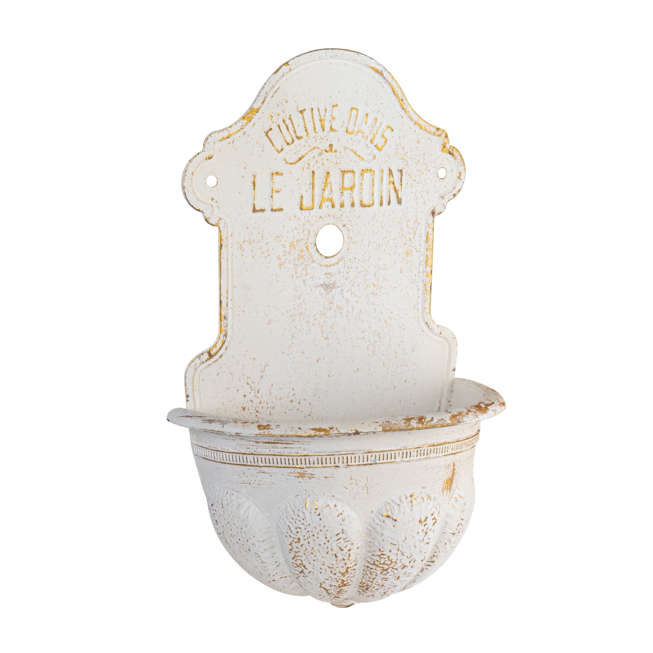 Distressed White Metal Wall-Mounted Planter with Gold Accents