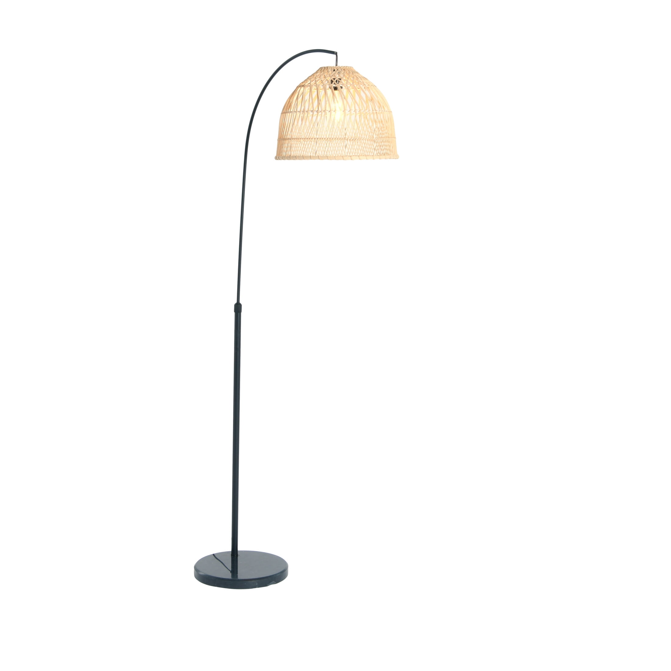 78" Black Metal Arc Floor Lamp with Marble Base and Rattan Shade