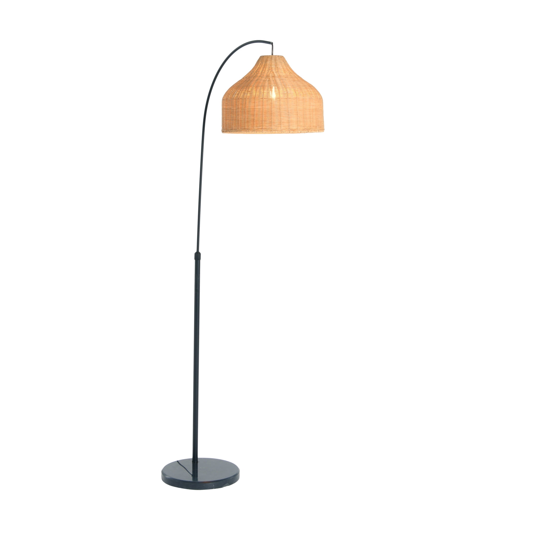 78 in. Black Arc Floor Lamp with Marble Base and Rattan Shade