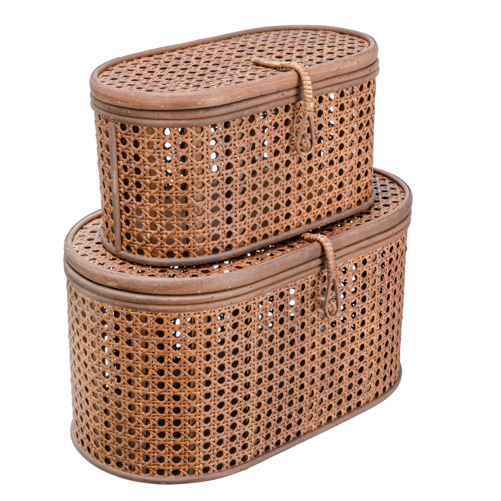Dark Brown Woven Rattan Stackable Oval Storage Boxes, Set of 2
