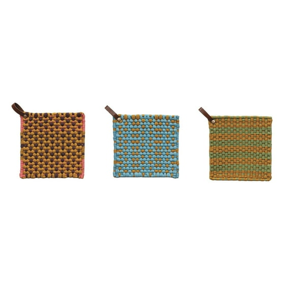 Creative Co-Op Multi-Tone Cotton Crocheted Pot Holder with Leather Loop, Multicolor, Set of 3