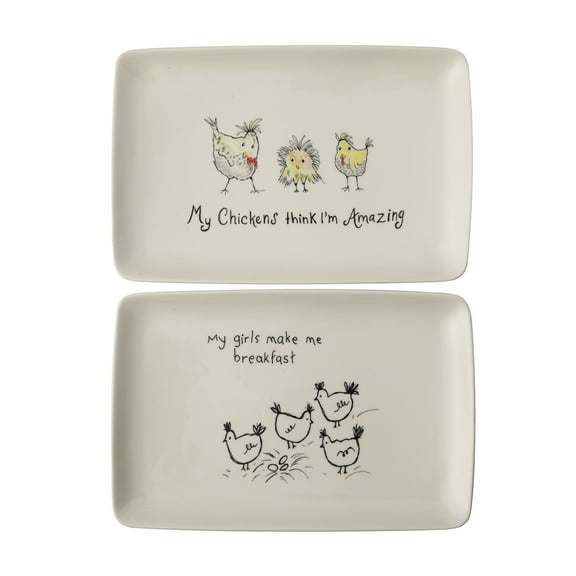 Creative Co-Op "My Chickens Think I'm Amazing" Rectangle White Stoneware Platter (Set of 2 Designs)