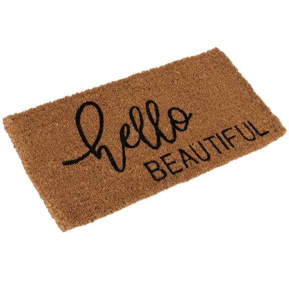 Creative Co-Op Natural Coir Doormat with "Hello Beautiful" Message, Natural and Black