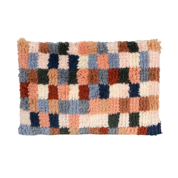 Creative Co-Op New Zealand Wool Tufted Checkered Lumbar Pillow with Cotton Back, Multicolor