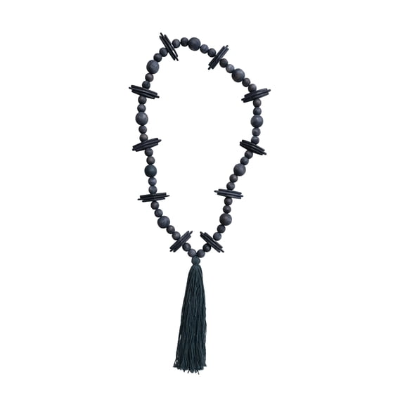 Creative Co-Op Oak Wood Bead Garland with Cotton Tassel, Black