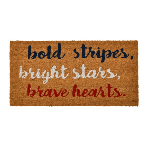Creative Co-Op Coir Entry Doormat with Patriotic Message, "Bold stripes, bright stars, brave hearts" with non-slip liner backing