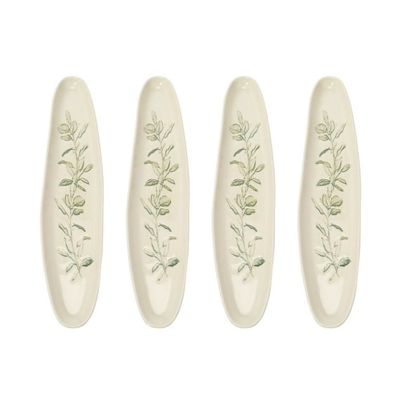 Creative Co-Op Oval Debossed Stoneware Tray with Botanical Design, Cream and Green Reactive Crackle Glaze, Set of 4