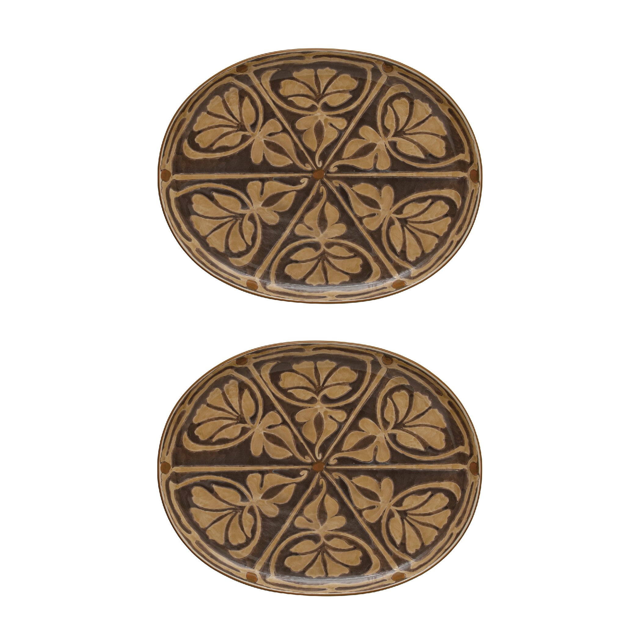 Hand-Painted Ceramic Oval Serving Plates, Brown, Set of 2