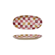 Creative Co-Op Oval Hand-Painted Stoneware Platter with Check Pattern, Multicolor