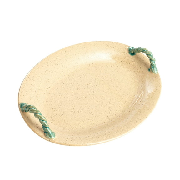 Creative Co-Op Oval Terra-cotta Platter with Hand-Painted Braided Handles, Cream and Blue