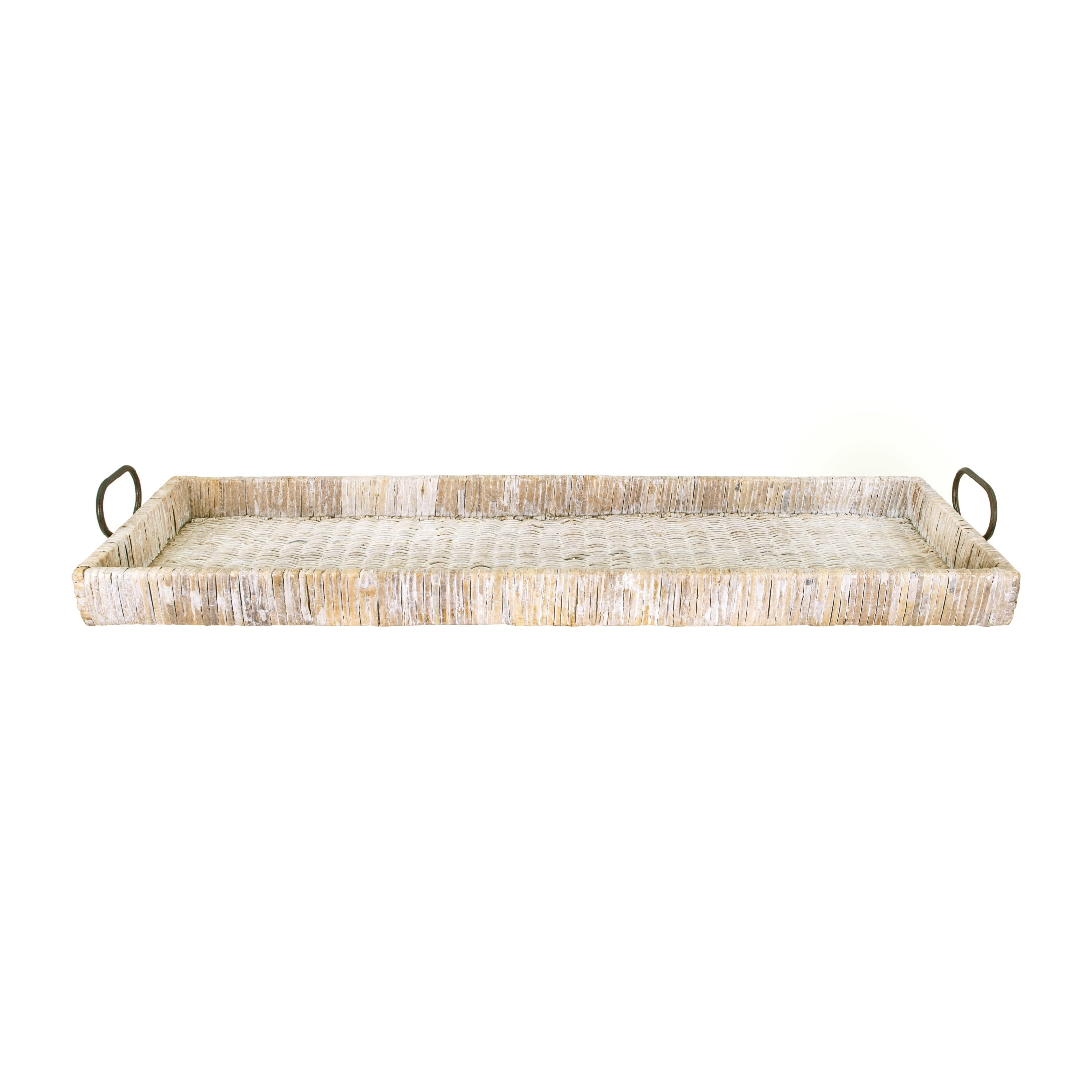 Whitewashed Tan Rattan Oversized Tray with Metal Accents