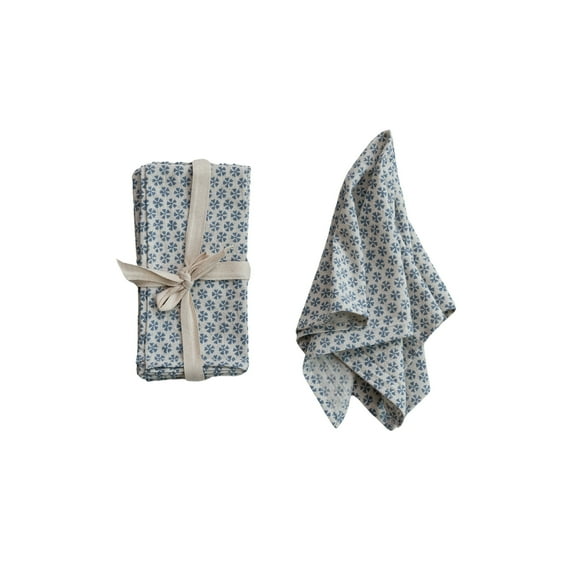 Creative Co-Op Patterned Cotton and Linen Napkin Set, Blue, Set of 4