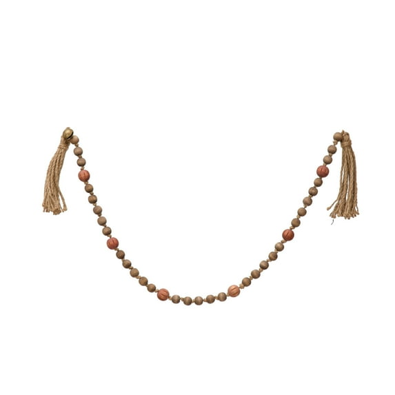 Creative Co-Op Paulownia Wood Bead Garland with Jingle Bells and Jute Tassels, Multicolor