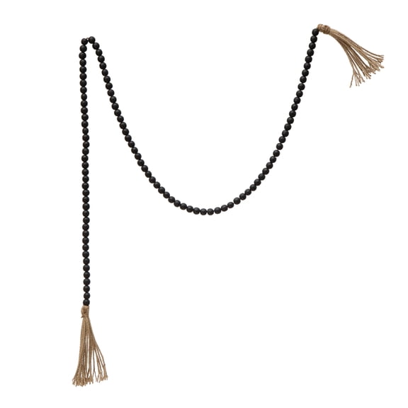 Creative Co-Op Paulownia Wood Bead Garland with Jute Tassels, Distressed Black