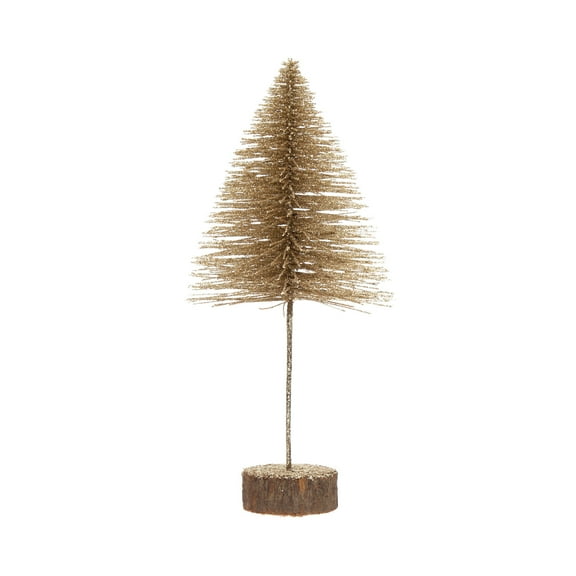 Creative Co-Op Plastic Bottle Brush Tree with Glitter and Wood Slice Base, Champagne