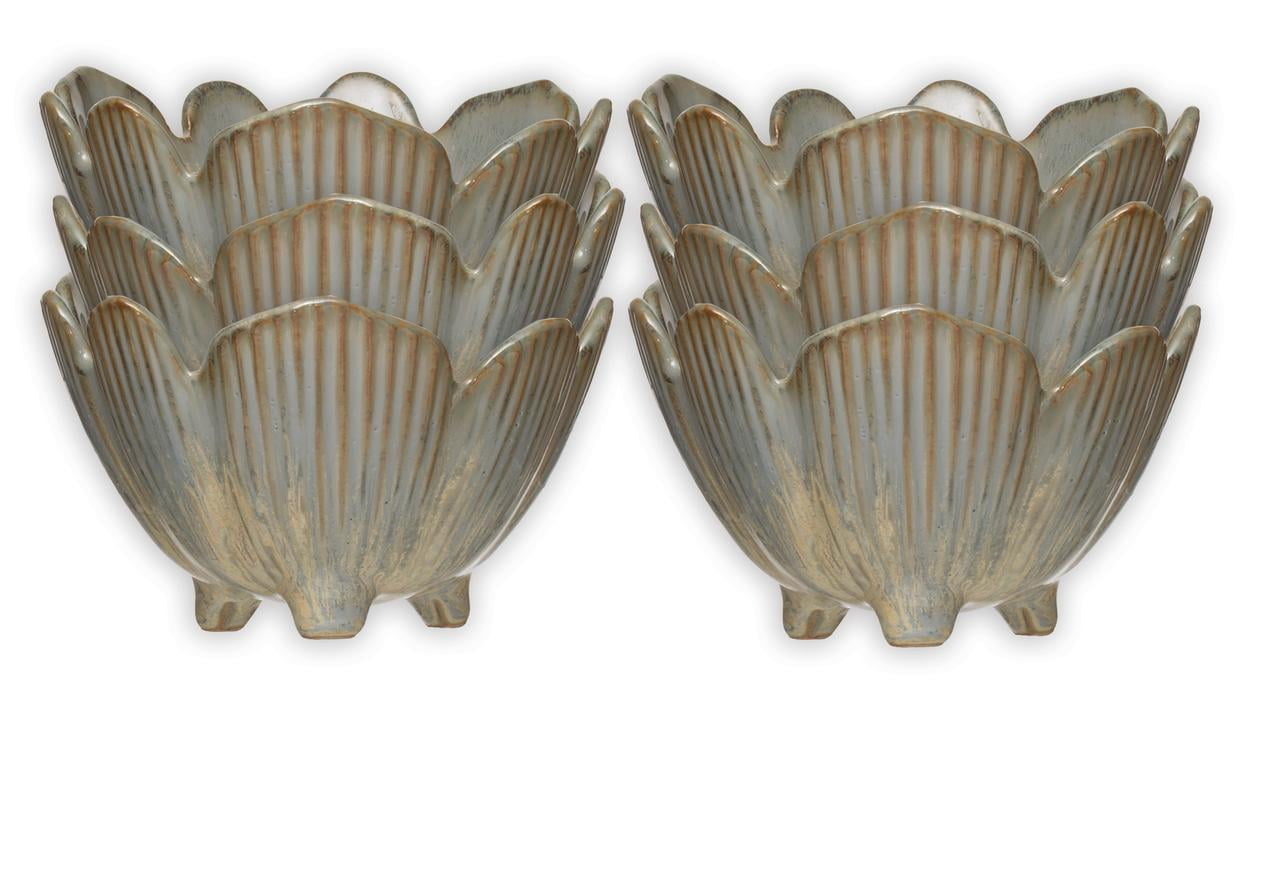 Set of 6 Blue Ceramic Flower-Shaped Serving Bowls