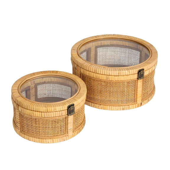 Creative Co-Op Rattan and Bamboo Nestable Round Storage with Glass Lids, Natural, Set of 2