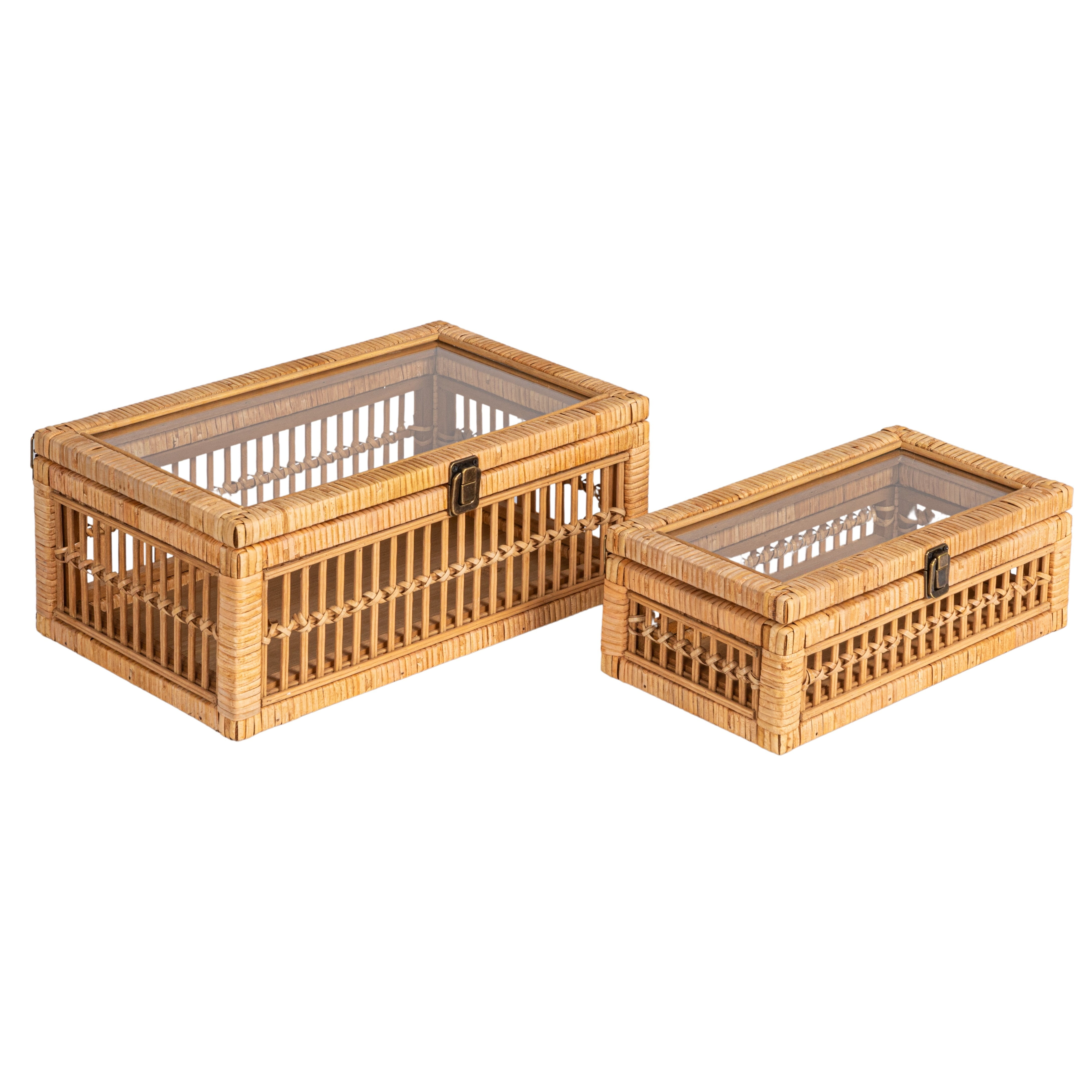 Natural Rattan and Bamboo Lidded Storage Boxes with Glass Tops