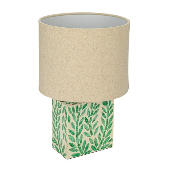 Creative Co-Op Reclaimed Wood and Shell Table Lamp with Botanical Pattern and Linen Shade, Green, Set of 2