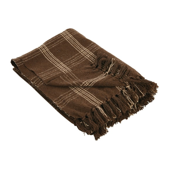 Creative Co-Op Recycled Cotton Blend Throw Blanket with Fringe, Brown Plaid