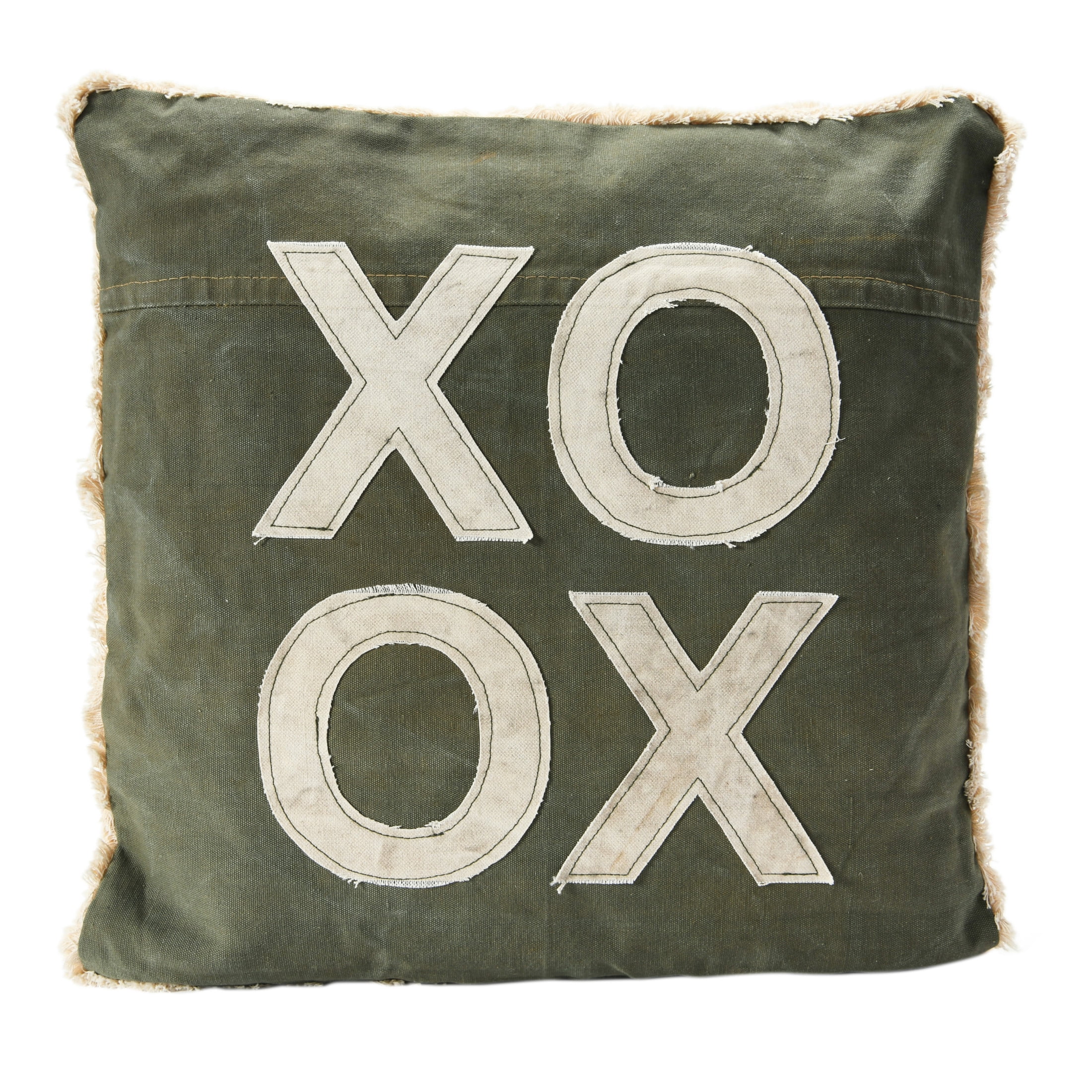 Green and Natural Recycled Cotton Square Throw Pillow with XO Applique