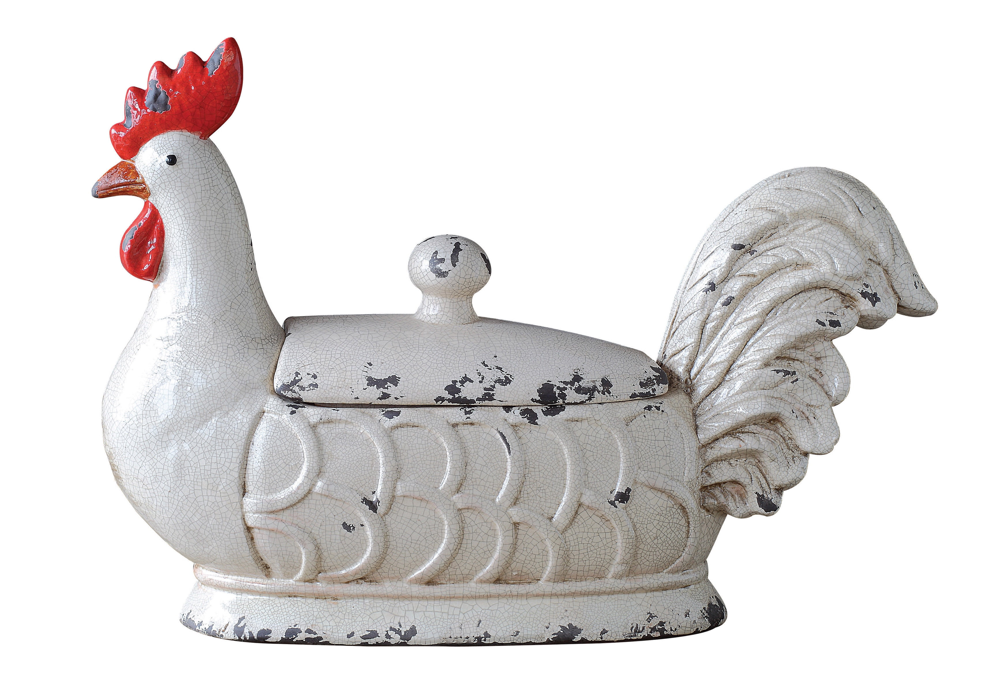 Rustic White Stoneware Rooster Container with Lid