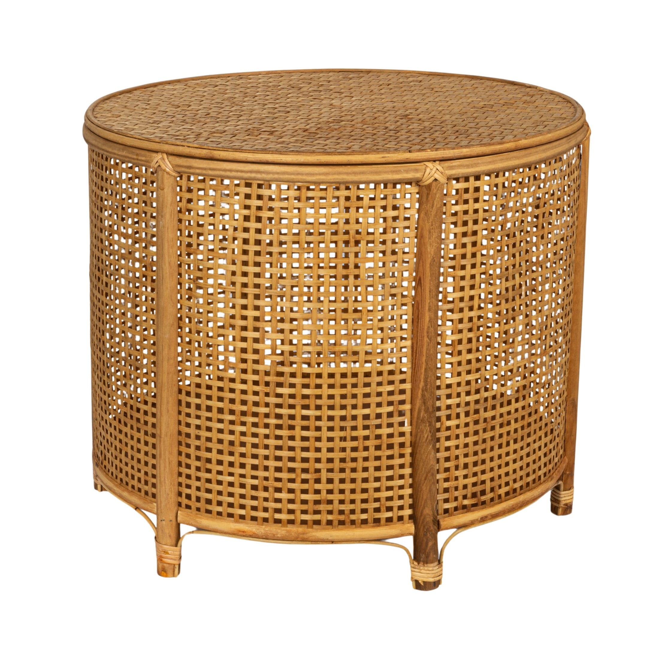 Natural Bamboo and Rattan Round Accent Table with Storage