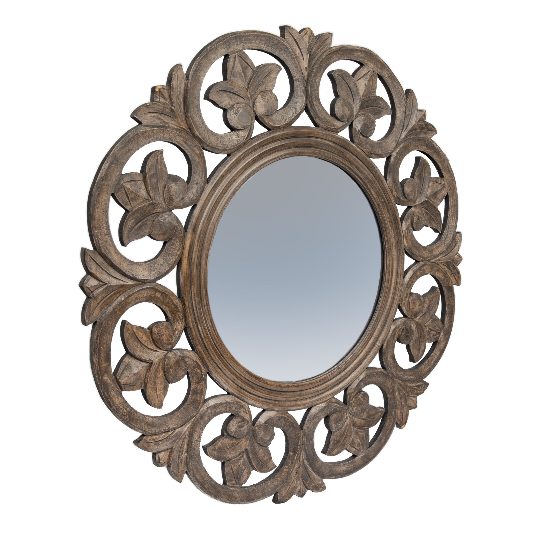 Creative Co-Op Round Carved Wood Botanical Framed Wall Mirror, Walnut