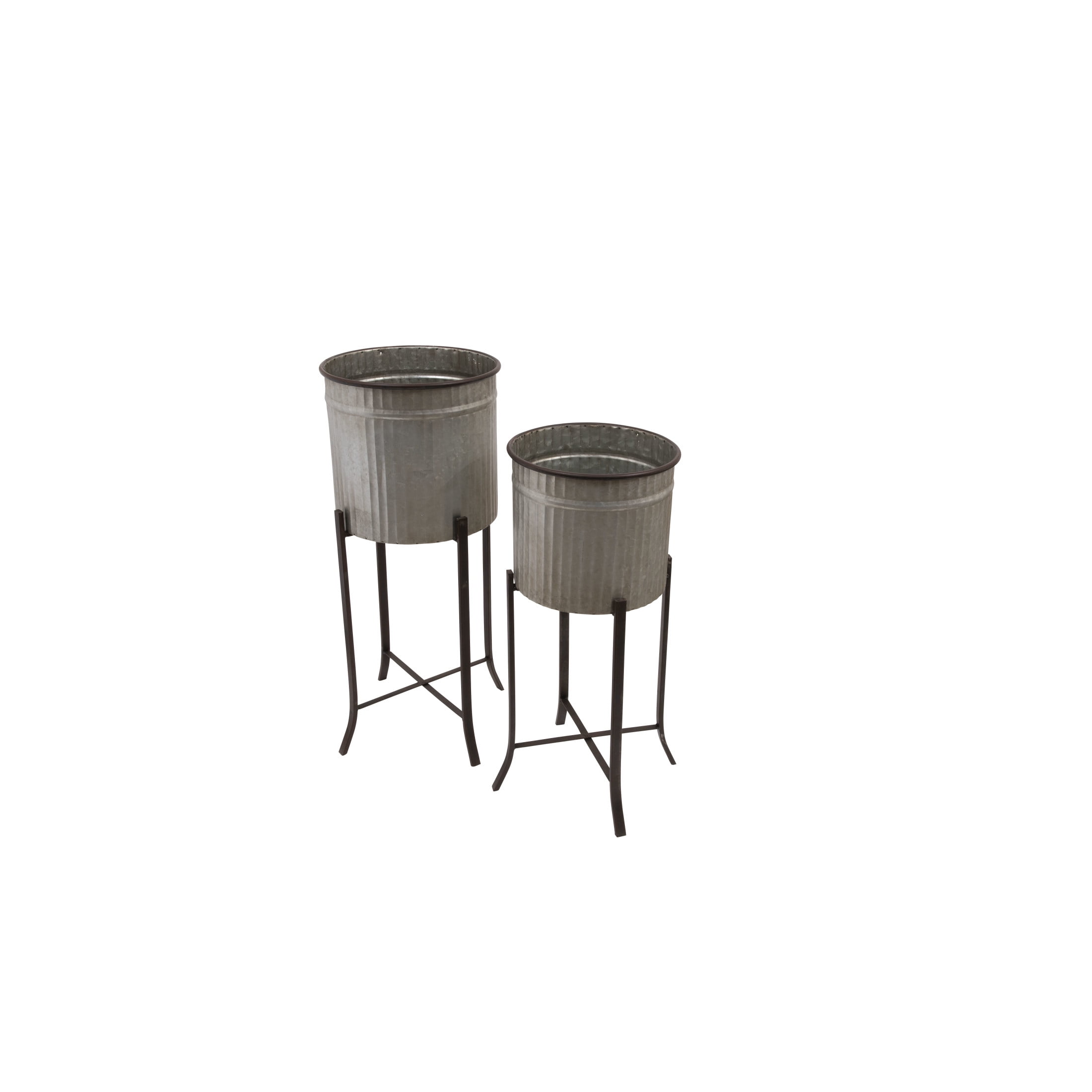 Silver and Black Corrugated Metal Round Planters with Stands, Set of 2