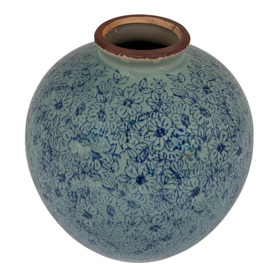 Creative Co-Op Round Decorative Terra-cotta Vase with Transferware Pattern, Blue