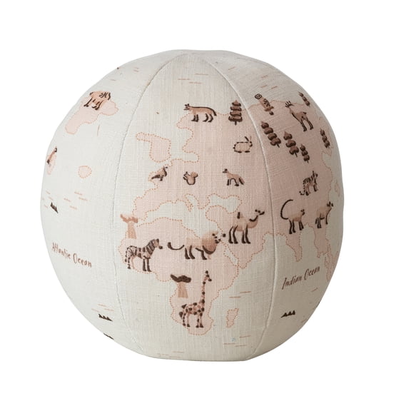 Creative Co-Op Round Fabric Printed Globe Shaped Orb Pillow with Animals and Embroidery, Multicolor