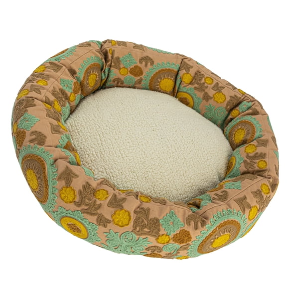 Creative Co-Op Round Floral Cotton and Sherpa Pet Bed with Removable Cover, Taupe, Green and Mint