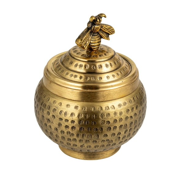 Creative Co-Op Round Hammered Metal Container with Bee Finial, Brass Finish