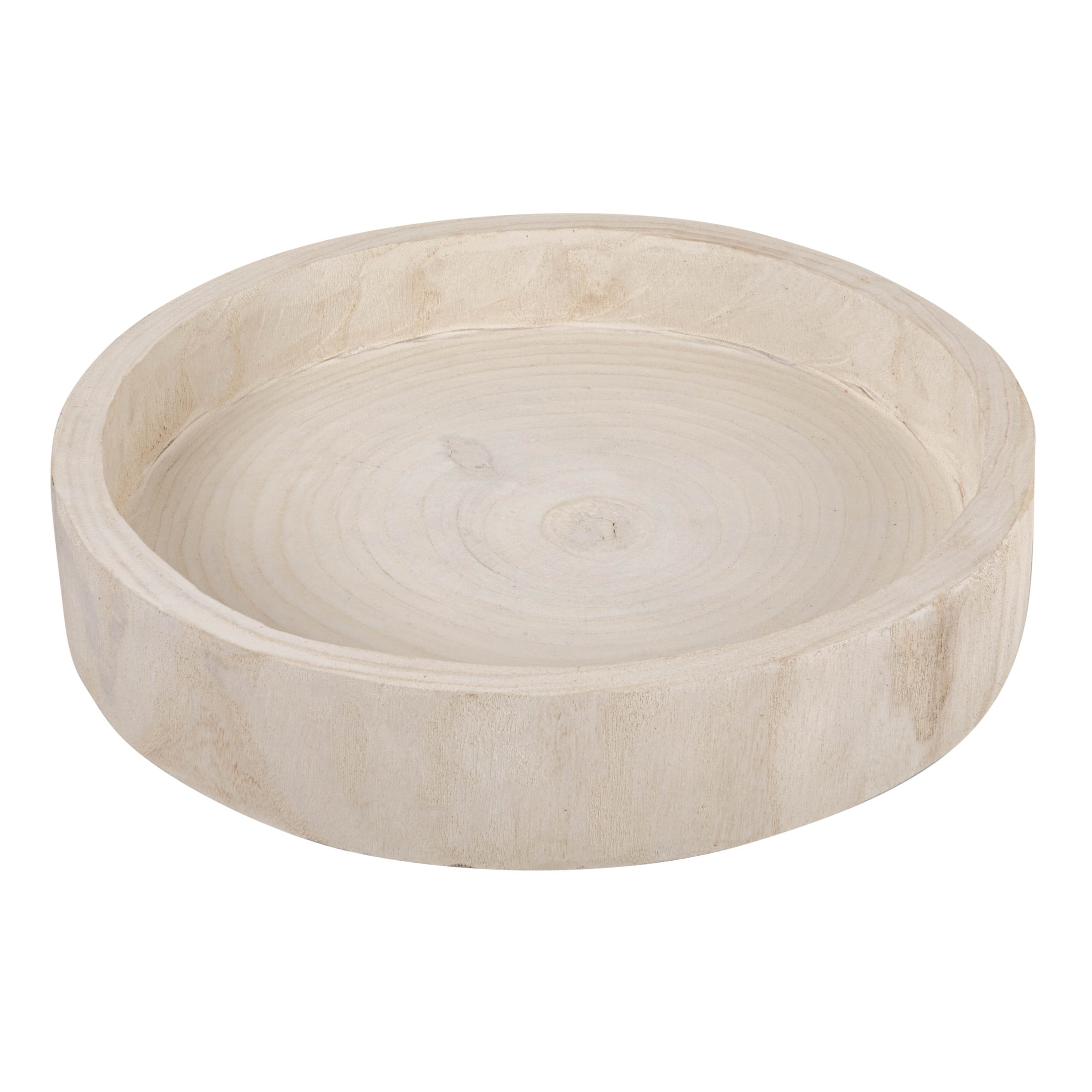 Whitewashed Round Hand-Carved Paulownia Wood Decorative Tray