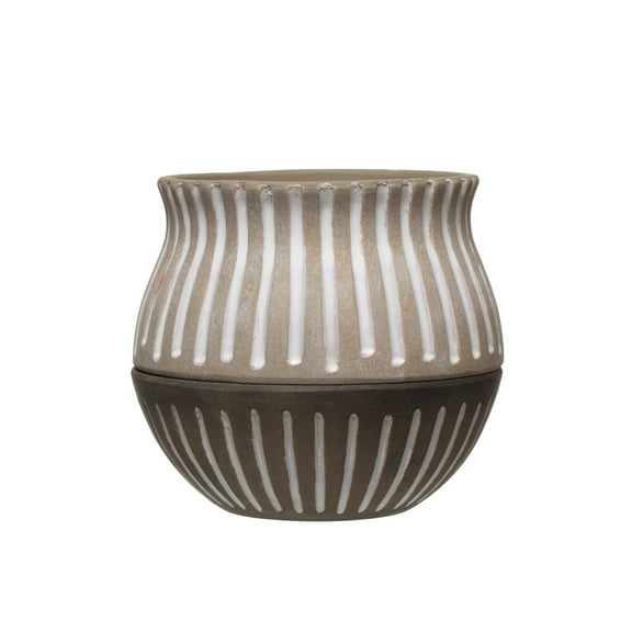 Creative Co-Op Round Hand-Painted Terra-cotta Planter with Saucer and Debossed Lines, Grey and Beige, Planter with Saucer